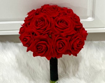 Red Rose Bouquet, Red Bridal Bouquet, Rose Bouquet, Bright Red Rose Bouquet, Boutonnière, Deep Red Bouquet, Burgundy Wedding Bouquet, Silk