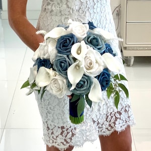 Dusty Blue Bouquet, Steel Blue Bouquet, Blue Rose Bouquet, White Bouquet, Real Touch Calla Lily Bouquet, Blue and White Bridal Bouquet