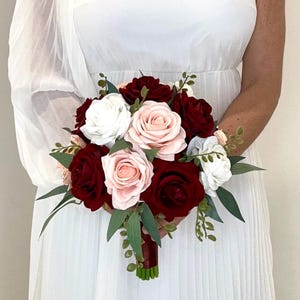 Burgundy Blush Ivory Bouquet, Burgundy and Blush Wedding Flowers, Burgundy Groom Boutonnière, Burgundy Bridesmaid Bouquet, Wrist Corsage