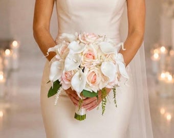 Luxury Real Touch Blush Rose and Calla Lily Bouquet: Pink and White Wedding Flowers