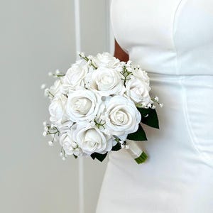 Faux Rose Bouquet, Bridesmaid Bouquet, Ivory Bouquet, Ivory Wedding Bouquet, Ivory Rose Bouquet, Ivory Bridal Bouquet, Babys Breath