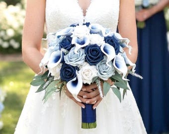 Navy Blue Rose Bouquet: Real Touch Calla Lily Bridal Bouquet