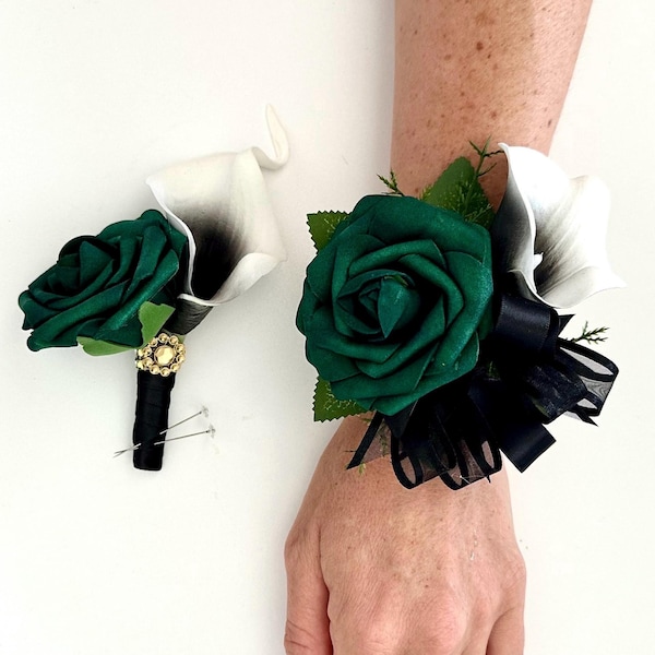 Ramo de esmeralda y negro: flores de boda con detalles dorados
