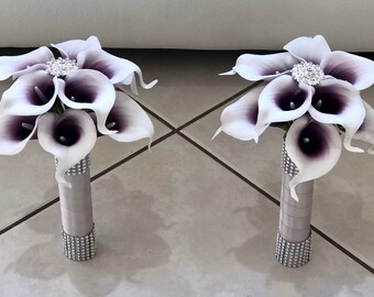 1) Purple and Silver Calla Lily Bridesmaid Bouquet, Picasso Purple Bouquet, Silver Calla Lily Bouquet, Brooch Bouquet, Bling Bouquet, Plum a