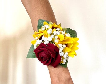 Sunflower Corsage, Red Rose Corsage, Sunflower Corsage, Wrist Corsage, Sunflower Bouquet, Sunflower Bridal Flower, Silk Corsage,Prom Corsage