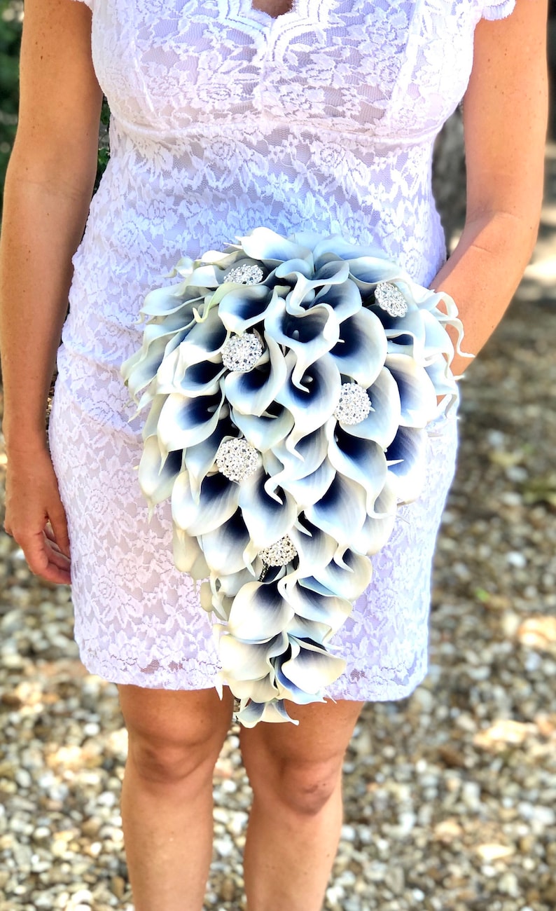 Navy Blue Calla Lily Bouquet Cascade Calla Lily Bouquet Bling Bouquet Navy Blue Bouquet, Brooch Bouquet Cascading Navy Blue Bouquet