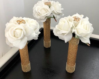 1) White Real Touch Rose Bouquet, Real Touch Bouquet, White Rose Bouquet, Gold Bouquet, White Bouquet, Brooch Bouquet, Bridesmaid Bouquet, R