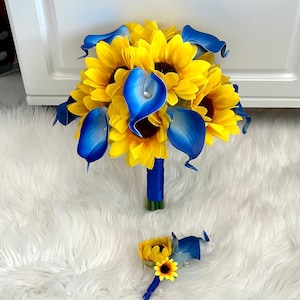 8" Sunflower Bridal Bouquet, Sunflower And Calla Lily Bouquet, Royal Blue Bouquet, Sunflower Bouquet, Blue Sunflower Bouquet, Silk Sunflower