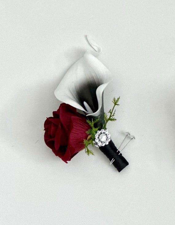 Calla Lily Corsage Boutonniere Set: Burgundy Rose, Silver Jewel