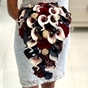 Navy Burgundy Cascading Bridal Bouquet: Calla Lilies & Gold Brooches