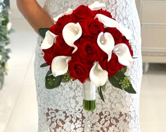 Red Rose Bouquet, Rose Bridal Bouquet, Calla Lily Bouquet, Eucalyptus Bouquet, Boho Bouquet, White Lily Bouquet Bouquet, Burgundy Brid