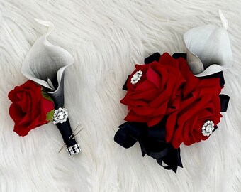 Black and Red Boutonnière, Black and White Calla Lily Boutonnières, Black Bling Boutonnière, Red and Black Corsage, Prom Boutonnière, Prom F