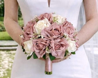 Real Touch Dusty Rose and Ivory Rose Wedding Bouquet: Artificial Realistic Flower Package