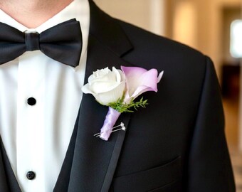 Lavender Calla Lily Boutonniere and Corsage Ivory Rose Wedding Corsage & Boutonniere