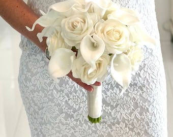 Ivory Bouquet and Boutonniere, Ivory Bridal Bouquet, Cream Rose Bouquet, Calla Lily Bouquet, White Bouquet, White Lily Bouquet, Ivory Groom