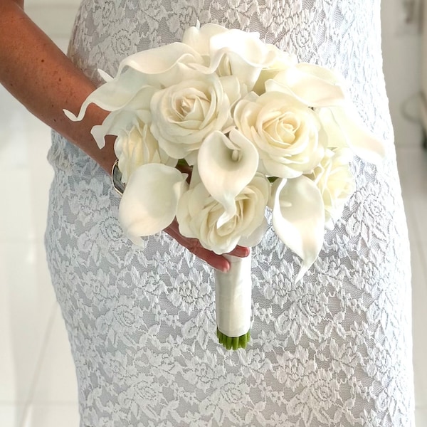 Ivory Bouquet and Boutonniere, Ivory Bridal Bouquet, Cream Rose Bouquet, Calla Lily Bouquet, White Bouquet, White Lily Bouquet, Ivory Groom