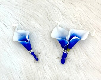 Royal Blue Calla Lily Boutonnière, Royal Blue Boutonnière, Groom Calla Lily Boutonnière, Picasso Calla Lily Boutonnière, Groomsmen Boutonn