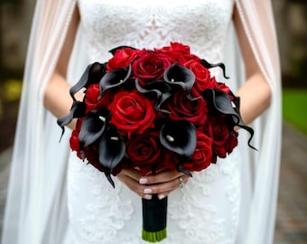 Black Calla Lily & Red Rose Bouquet - Burgundy Wedding Flowers