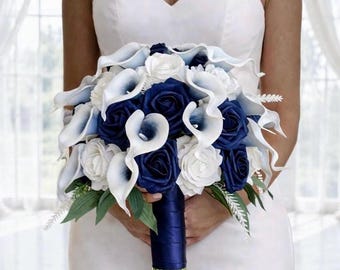 Real Touch Calla Lily  Rose Wedding Flower Package | Bridal Bouquet, Bridesmaid Bouquet, Corsage & Boutonniere | Navy Blue Wedding Flowers