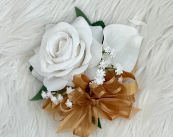 White Rose Corsage, Real Touch Rose Wrist Corsage, White Rose Corsage, Mother Corsage, Prom Corsage, White and Gold Wrist Corsage, Gold Cors