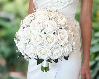 High Quality Artificial Rose Bouquet, White Bridal Bouquet, Ivory Wedding Bouquet, Ivory Rose Bouquet, Ivory Bridal Bouquet, Babys Breath