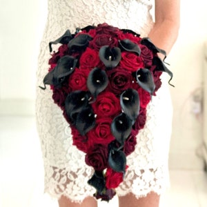 Black Wedding Flowers,Calla Lily Bouquet, Black Red Bouquet, Black and Red Calla Lily Bouquet, Red Rose Bouquet, Black Bouquet, Burgundy Bou