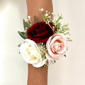 Burgundy and Blush Wrist Corsage, Burgundy Corsage, Rose Wrist Corsage, Burgundy Corsage, Blush Corsage, Mother Wrist Corsage, Wedding Wrist image 2