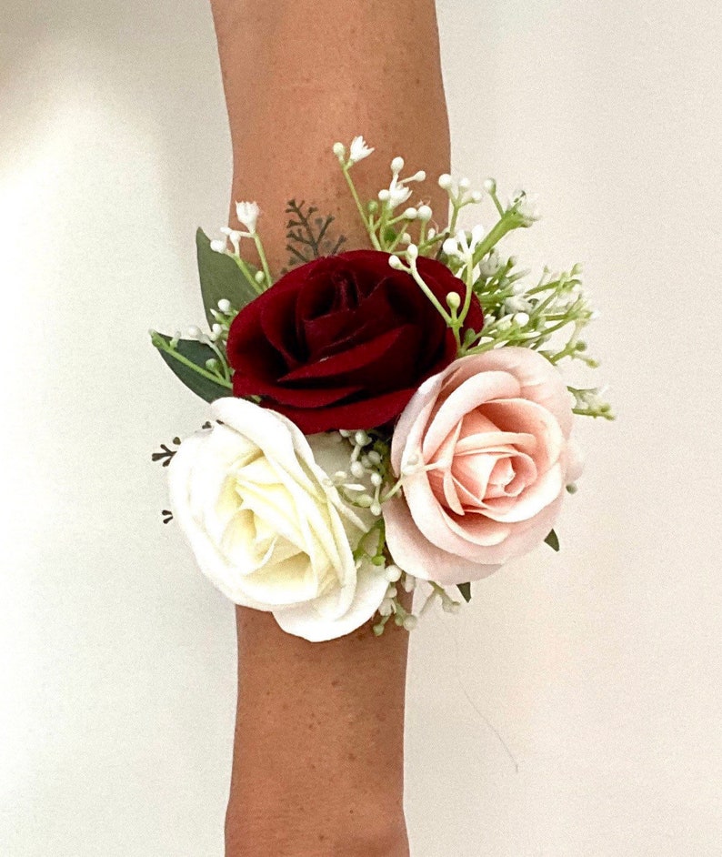 Burgundy and Blush Wrist Corsage, Burgundy Corsage, Rose Wrist Corsage, Burgundy Corsage, Blush Corsage, Mother Wrist Corsage, Wedding Wrist image 2