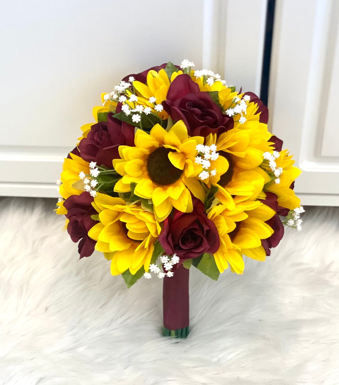 Sunflower Bouquet Burgundy Sunflower Bouquet Babys Breath Etsy