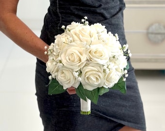 1) Ivory Rose Bouquet, Bridesmaid Bouquet, White Bouquet, Ivory Wedding Bouquet, Ivory Rose Bouquet, Ivory Bouquet, Babys Breath,