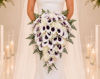 Real Touch Plum Calla Lily and Ivory Rose Wedding Package: Plum Wedding Flower Package