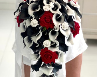 Black and Red Bouquet, Black Brooch Bouquet, Black and White Cascading Bouquet, Red and Black Bridal Bouquet, Bridesmaid Bouquet, Red Rose B