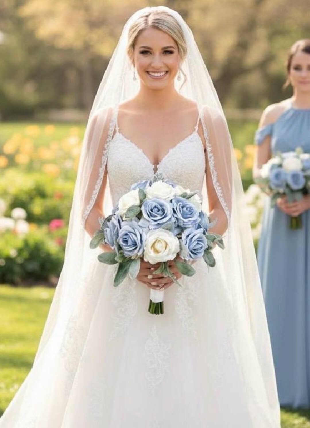 Dusty Blue Rose Bouquet: Ivory Roses Lambs Ear - Etsy