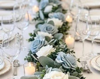 Faux Eucalyptus Garland: Dusty Blue and Ivory Roses Lambs Ear Wedding Centerpiece