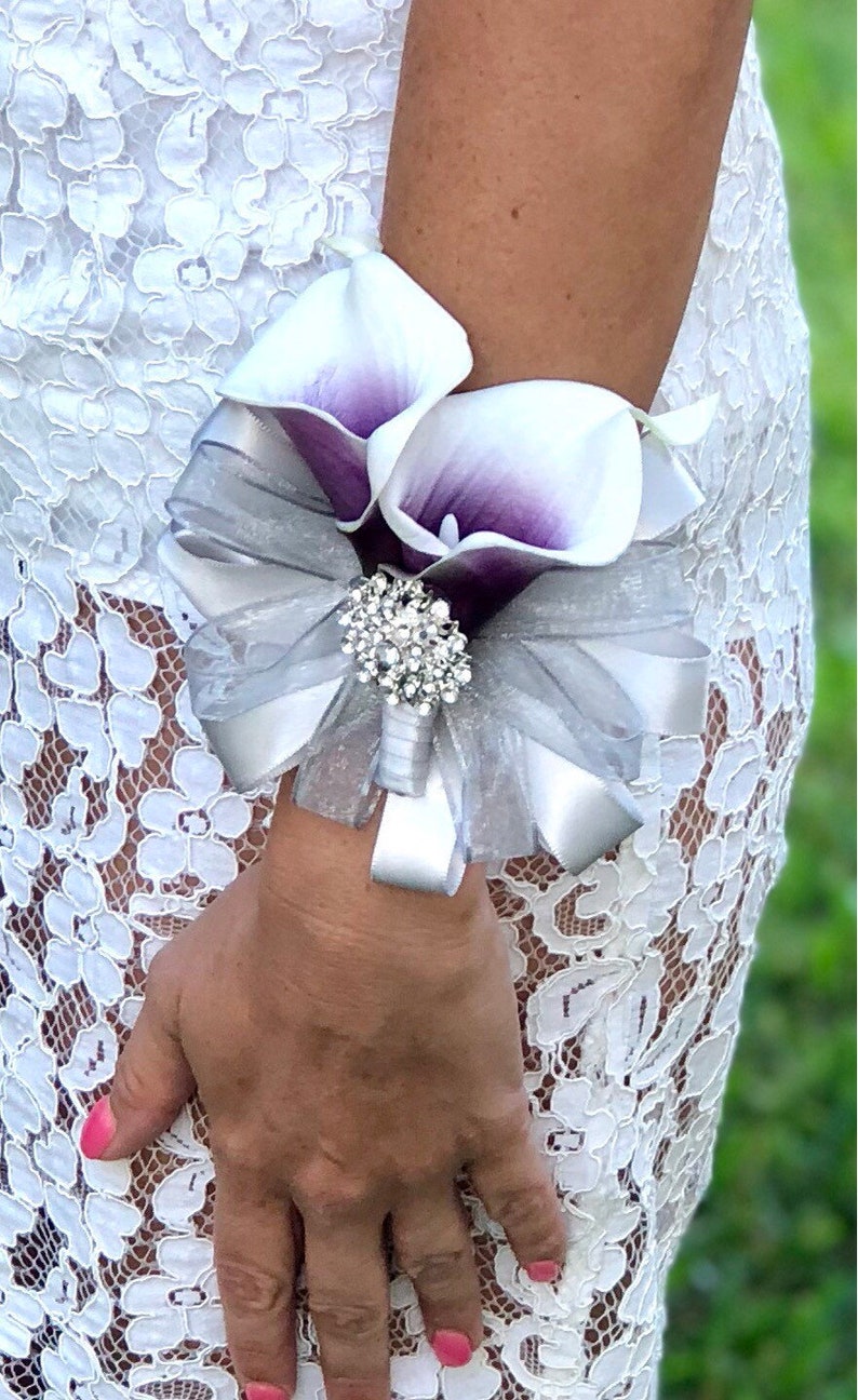 Purple Calla Lily Wrist Corsage Plum Corsage Silver Wrist Etsy