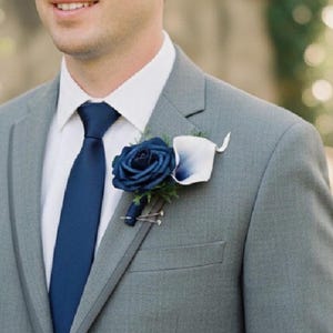 Navy Rose & Picasso Lily Boutonniere