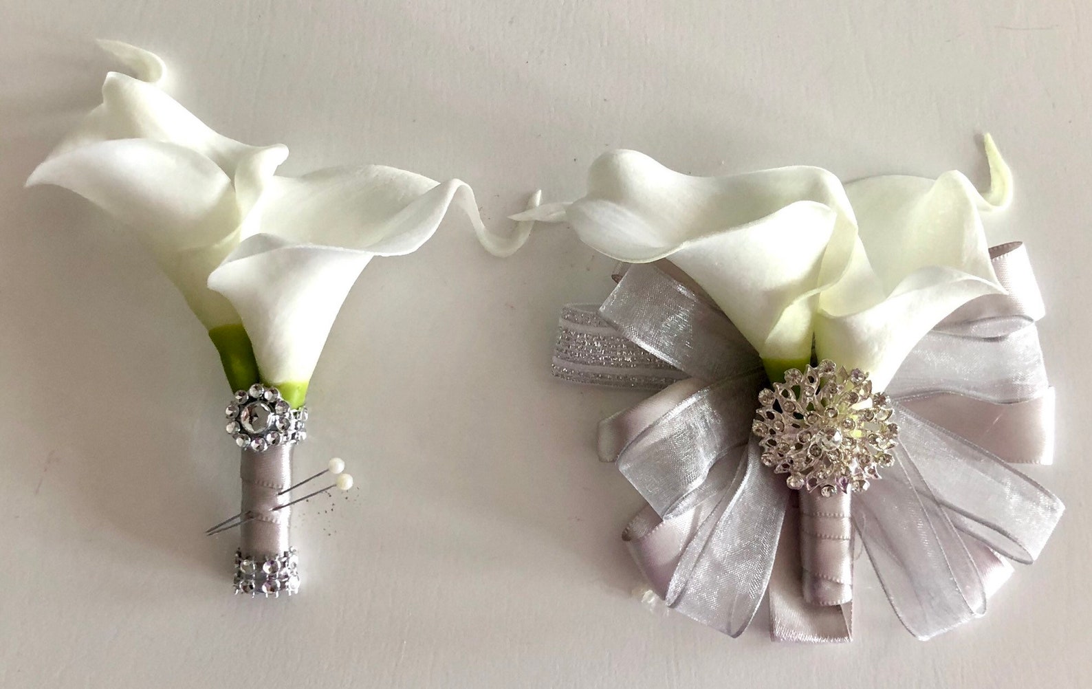 White Calla Lily Wrist Corsage, Corsage and Boutonnière Set, Silver