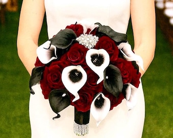 Burgundy Black Silver Flower Package, Gothic Styke Bouquet, Burgundy Rose Bouquet, Calla Lily Wedding Florals, Deep Red Bouquet, Black
