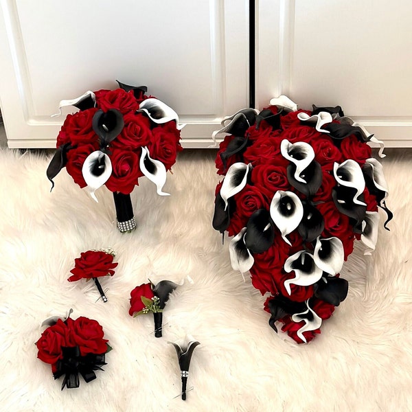 Black and Red Bouquet, Black Brooch Bouquet, Black and White Cascading Bouquet, Red and Black Bridal Bouquet, Bridesmaid Bouquet, Red Rose B