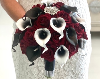 Burgundy, Black and White Flower Package, Bridal Bouquet, Rose Bouquet, Burgundy Rose Bouquet, Calla Lily Bouquet, Deep Red Bouquet, Black