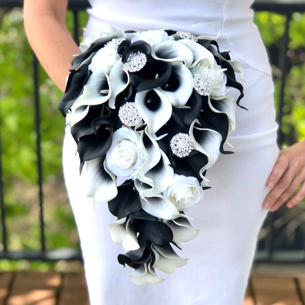 Pricing In Description Black and White Calla Lily Bouquet, Black Brooch Bouquet, Black and Lily Bouquet, Black and Silver Bouquet, Corsage,