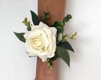 Ivory Rose Corsage, Ivory Rose Wrist Corsage, Rose Corsage, Eucalyptus Corsage, Boho Corsage, Greenery Corsage, Prom Corsage, Mother Corsage