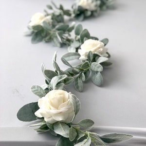 Lambs Ear Garland, Artificial Lambs Ear Garland, Wedding Centerpiece, Lambs Ear Swag, Sage Color Garland, Table Runner, Ivory Rose Garlands