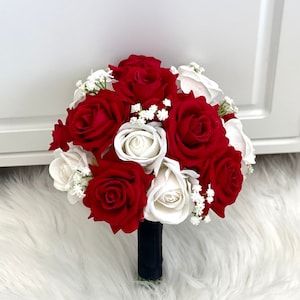 8” Red Rose Bouquet, Bridal Bouquet,Rose Bouquet, Red Rose Bouquet, Red and White, Bright Red Bouquet, Babys Breath, Wedding Bouq
