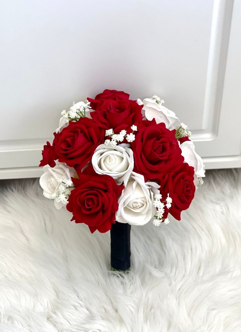 8 Red Rose Bouquet, Bridal Bouquet,Rose Bouquet, Red Rose Bouquet, Red and White, Bright Red Bouquet, Babys Breath, Wedding Bouq image 1