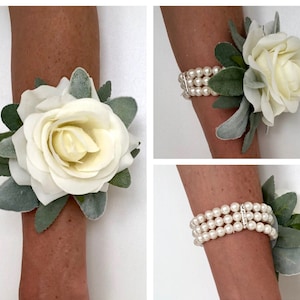 Rose Corsage, Lambs Ear Corsage, Ivory Rose Corsage, Ivory Wrist Corsage, Boho Corsage, Lambs Ear Pin Corsage, Rose Wrist Corsage, Greenery