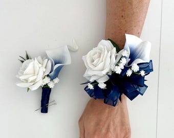 Navy Blue Calla Lily Corsage Boutonniere Set, Jeweled Bracelet