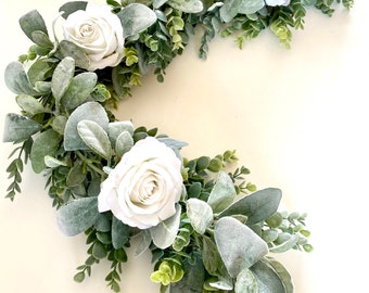 Eucalyptus Garland, Lambs Ear Garland, Wedding Centerpiece, Arch Flowers, White Rose Garland, Greenery Garland, White Rose Garland, Table Ru