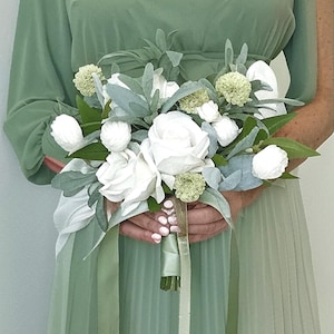 Sage Wedding Bouquet, Faux White and Green Bouquet, Boho Bridesmaid Bouquet, Sage Wedding Flowers, White Rose Bouquet, Boho Floral Bouquet,