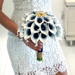 Picasso Navy Blue Calla Lily Bouquet, Navy Blue Lily Bouquet, Real Touch Calla Lily Bouquet, White Bouquet, Navy Bouquet, Navy Bridal Bou